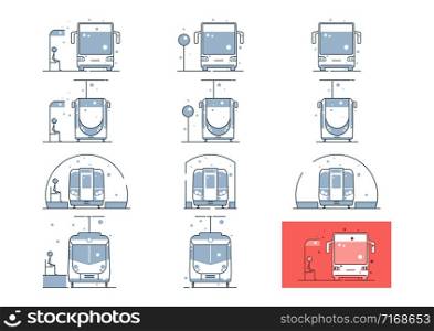 Public transport icons. Front view line icons set with bus, tram, underground and train with and without stop. Flat vector.