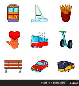Public transport icons set. Cartoon set of 9 public transport vector icons for web isolated on white background. Public transport icons set, cartoon style