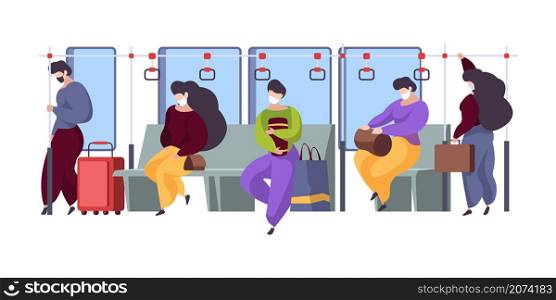 Public transport interior. People masked distance sitting in subway or bus modern inside train tired persons garish vector background flat illustration. Subway public in quarantine, passenger in mask. Public transport interior. People masked distance sitting in subway or bus modern inside train tired persons garish vector background flat illustrations