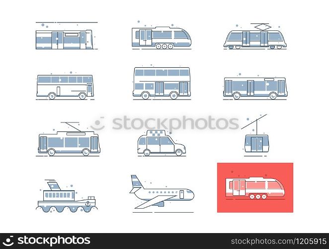 Public transport line icons. Side view of bus, coach, train, underground, tram, taxi, plane, ship with easy color change. Flat vector.