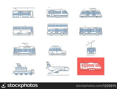 Public transport line icons. Side view of bus, coach, train, underground, tram, taxi, plane, ship with easy color change. Flat vector.