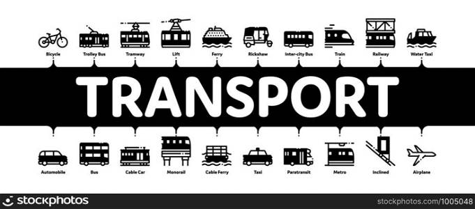 Public Transport Minimal Infographic Web Banner Vector. Trolleybus And Bus, Tramway And Train, Cable Way And Monorail Transport Linear Pictograms. Car And Taxi, Plane And Ship Illustrations. Public Transport Minimal Infographic Banner Vector