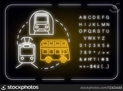 Public transport neon light concept icon. Affordable travel means, inexpensive tourism idea. Outer glowing sign with alphabet, numbers and symbols. Vector isolated RGB color illustration