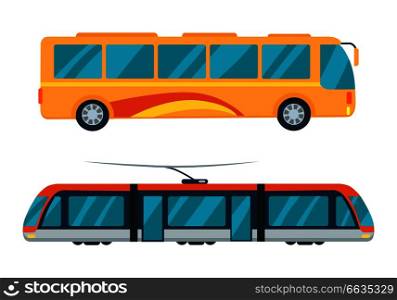 Public transport represented by yellow bus and electric train with large windows. Vector illustration of vehicles isolated on white background. City Bus and Electric Tram Vector Illustration