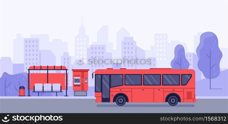 Public transport stop and autobus. Vector bus stop and transport public service illustration. Public transport stop and autobus. Vector bus stop