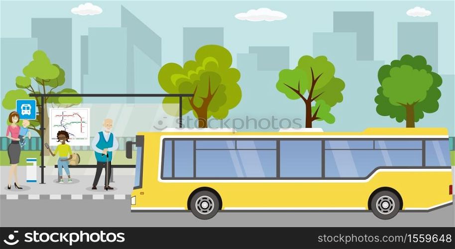 public transport stop,Different people are at the bus stop,urban life concept,outdoor flat vector illustration. public transport stop,Different people are at the bus stop,urban