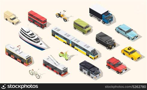 Public Transport Vehicles Collection. Transport isometric set of isolated urban transportation vehicles tramway cars trolley buses and two-wheel transport with shadows vector illustration