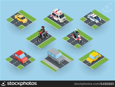 Public Transportation. Traffic Items Collection. Public transportation. Traffic items collection on the road. Car motorbike ambulance taxi moped police car. City service transport icons. Part of series of city isometric. Vector illustration