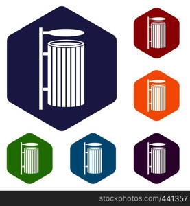 Public trash can icons set hexagon isolated vector illustration. Public trash can icons set hexagon
