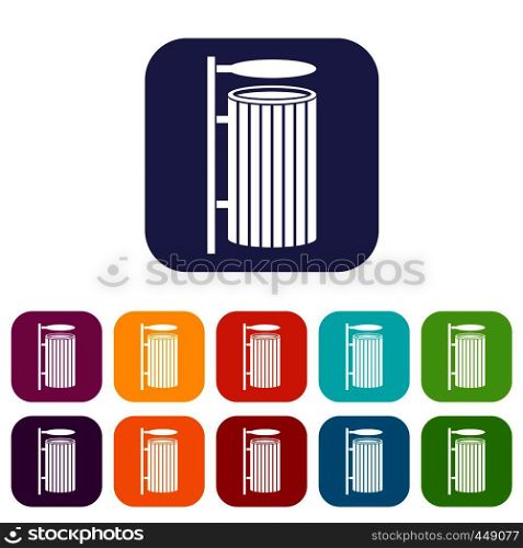 Public trash can icons set vector illustration in flat style In colors red, blue, green and other. Public trash can icons set flat