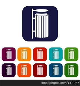 Public trash can icons set vector illustration in flat style In colors red, blue, green and other. Public trash can icons set flat