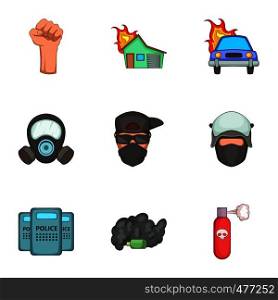 Public unrest icons set. Cartoon set of 9 public unrest vector icons for web isolated on white background. Public unrest icons set, cartoon style