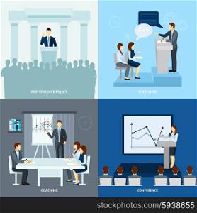Publicly speaking people 4 flat icons square . Presentation coaching workshop for publicly speaking people 4 flat icons square composition banner abstract isolated vector illustration