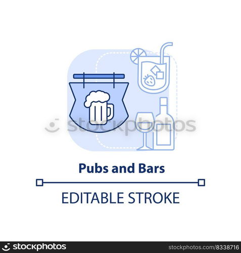 Pubs and bars light blue concept icon. Food service industry abstract idea thin line illustration. Serve alcoholic drinks. Isolated outline drawing. Editable stroke. Arial, Myriad Pro-Bold fonts used. Pubs and bars light blue concept icon