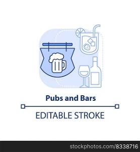 Pubs and bars light blue concept icon. Food service industry abstract idea thin line illustration. Serve alcoholic drinks. Isolated outline drawing. Editable stroke. Arial, Myriad Pro-Bold fonts used. Pubs and bars light blue concept icon