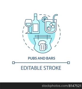 Pubs and bars turquoise concept icon. Food service industry abstract idea thin line illustration. Serve alcoholic drinks. Isolated outline drawing. Editable stroke. Arial, Myriad Pro-Bold fonts used. Pubs and bars turquoise concept icon