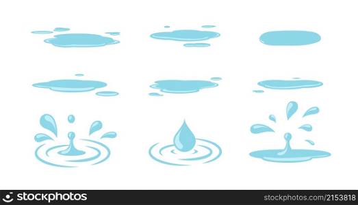 Puddle and drops. Water drops, isolated puddles cartoon elements. Autumn spring weather set, tears or rain vector set. Illustration puddle after rain, water drop. Puddle and drops. Water drops, isolated puddles cartoon elements. Autumn spring weather set, tears or rain vector set