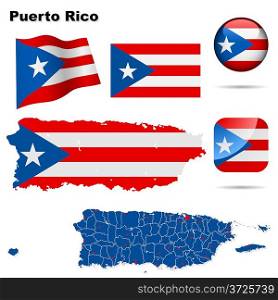 Puerto Rico vector set. Detailed country shape with region borders, flags and icons isolated on white background.