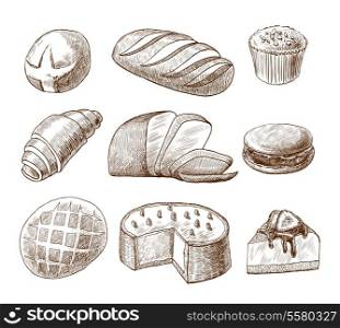 Puff pastry and bread assortment doodle food icons set vector illustration