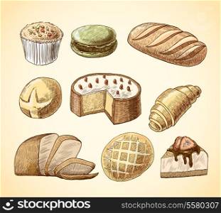 Puff pastry macaron croissant cheese cake and wheat rye bread doodle food icons set vector illustration