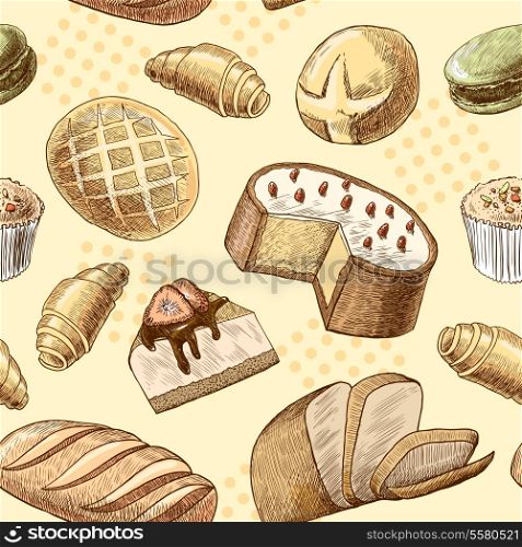 Puff pastry macaron croissant cheese cake and wheat rye bread seamless food pattern vector illustration