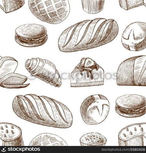 Puff sweet pastry baked cake and wheat rye traditional bread seamless food pattern vector illustration