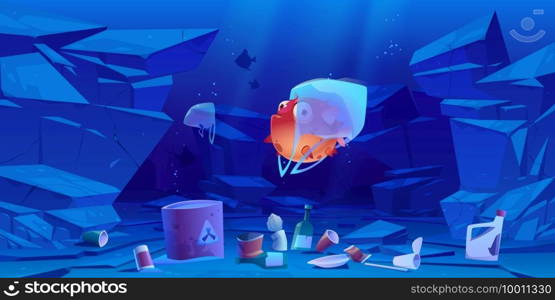 Puffer fish in plastic bag underwater in sea or ocean. Ocean pollution by trash, global littering. Vector cartoon landscape of sea bottom with floating bags, bottles, garbage, barrel with toxic waste. Pollution ocean by plastic trash and garbage