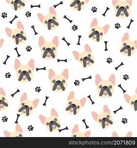 Pug or bulldog. Seamless pattern with cute cartoon dogs bulldog or pug muzzles. Bulldog muzzle. Seamless pattern with cute cartoon dogs bulldog muzzles