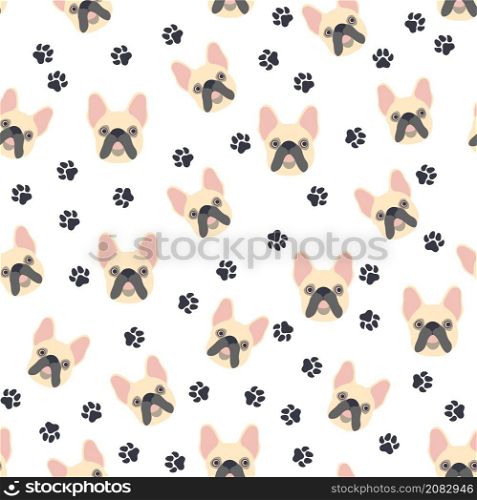 Pug or bulldog. Seamless pattern with cute cartoon dogs bulldog or pug muzzles. Bulldog muzzle. Seamless pattern with cute cartoon dogs bulldog muzzles