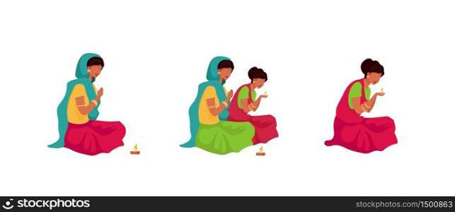 Puja ritual flat color vector faceless characters set. Traditional indian religious ceremony. Woman in saree light candle. Teej festival prayer isolated cartoon illustrations on white background. Puja ritual flat color vector faceless characters set