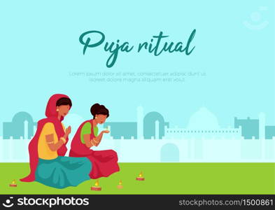 Puja ritual poster flat vector template. Two indian woman light candle. Pray during ritual. Brochure, booklet one page concept design with cartoon characters. Teej festival flyer, leaflet. Puja ritual poster flat vector template