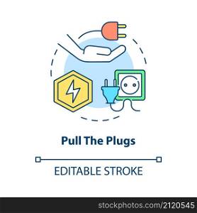 Pull plugs concept icon. Save energy. Climate changes prevention abstract idea thin line illustration. Isolated outline drawing. Editable stroke. Roboto-Medium, Myriad Pro-Bold fonts used. Pull plugs concept icon