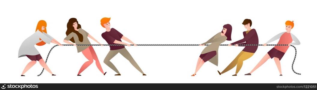 Pull rope. Cartoon group of people compete in contest, workers teams and office persons pulling opposite ends of rope. Vector illustrations opposite team competition management in teamwork. Pull rope. Cartoon group of people compete in contest, workers teams and office persons pulling opposite ends of rope. Vector team competition