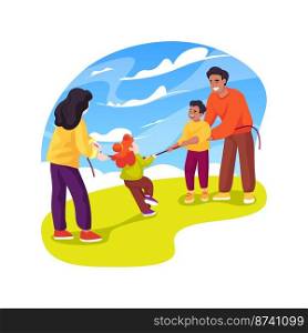 Pulling a rope isolated cartoon vector illustration. Children and adults pull rope in different directions, outdoor fun, active game, leisure time, family plays together vector cartoon.. Pulling a rope isolated cartoon vector illustration.