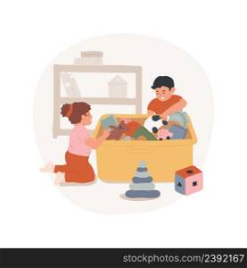 Pulling objects from a basket isolated cartoon vector illustration Baby pulling different objects out, treasure basket, grasping game, early childhood milestone, daycare center vector cartoon.. Pulling objects from a basket isolated cartoon vector illustration