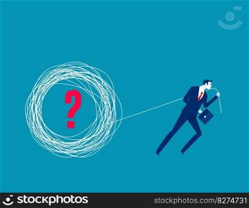 Pulling the tangled ropes with question mark. Business vector illustration concept