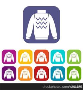 Pullover icons set vector illustration in flat style in colors red, blue, green, and other. Pullover icons set