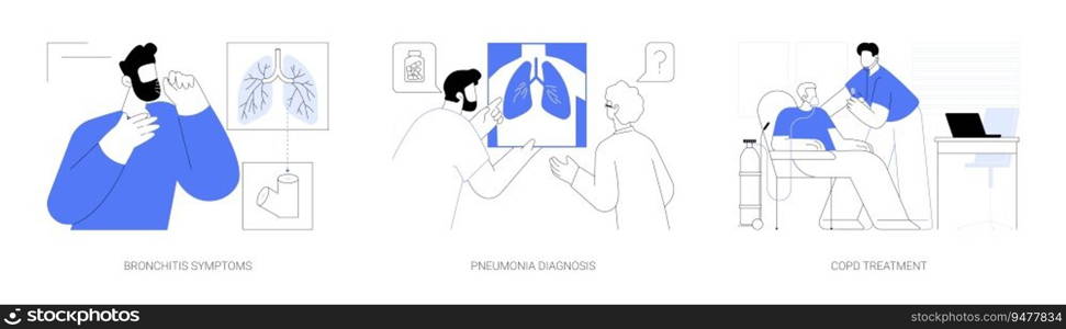 Pulmonary disease abstract concept vector illustration set. Bronchitis symptoms, pneumonia diagnosis, COPD treatment, respiratory distress, medical examination in hospital abstract metaphor.. Pulmonary disease abstract concept vector illustrations.