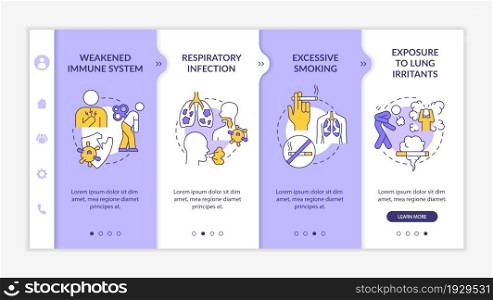 Pulmonary inflammation risk factors onboarding vector template. Responsive mobile website with icons. Web page walkthrough 4 step screens. Exposure to irritants color concept with linear illustrations. Pulmonary inflammation risk factors onboarding vector template