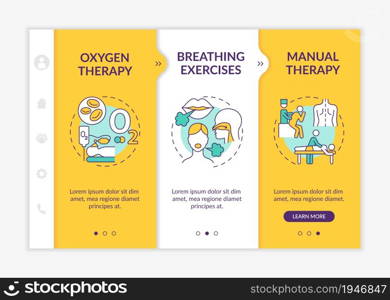 Pulmonary rehabilitation and therapy onboarding vector template. Responsive mobile website with icons. Web page walkthrough 3 step screens. Treatment methods color concept with linear illustrations. Pulmonary rehabilitation and therapy onboarding vector template