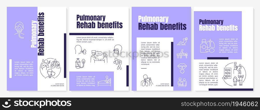 Pulmonary rehabilitation benefits purple brochure template. Flyer, booklet, leaflet print, cover design with linear icons. Vector layouts for presentation, annual reports, advertisement pages. Pulmonary rehabilitation benefits purple brochure template