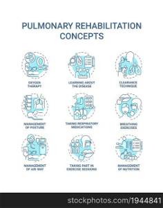 Pulmonary rehabilitation blue concept icons set. Respiratory diseases treatment idea thin line color illustrations. Breathing exercise. Vector isolated outline drawings. Editable stroke. Pulmonary rehabilitation blue concept icons set
