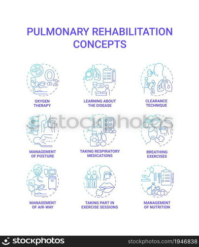 Pulmonary rehabilitation blue gradient concept icons set. Respiratory diseases treatment idea thin line color illustrations. Lungs illness therapy. Breathing exercise. Vector isolated outline drawings. Pulmonary rehabilitation blue gradient concept icons set