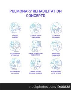 Pulmonary rehabilitation blue gradient concept icons set. Respiratory diseases treatment idea thin line color illustrations. Lungs illness therapy. Breathing exercise. Vector isolated outline drawings. Pulmonary rehabilitation blue gradient concept icons set