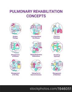 Pulmonary rehabilitation concept icons set. Respiratory diseases treatment idea thin line color illustrations. Recovery therapy. Breathing exercise. Vector isolated outline drawings. Editable stroke. Pulmonary rehabilitation concept icons set