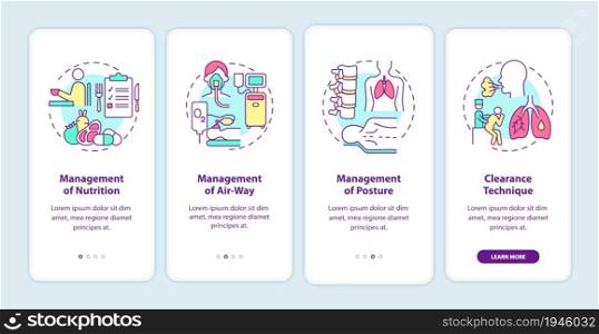 Pulmonary rehabilitation onboarding mobile app page screen. Recovery management walkthrough 4 steps graphic instructions with concepts. UI, UX, GUI vector template with linear color illustrations. Pulmonary rehabilitation onboarding mobile app page screen