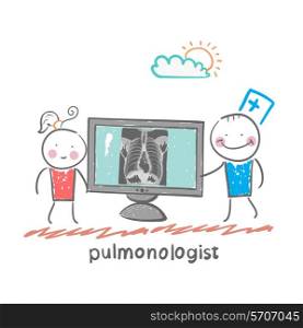 pulmonologist, chest X-ray shows a patient. Fun cartoon style illustration. The situation of life.