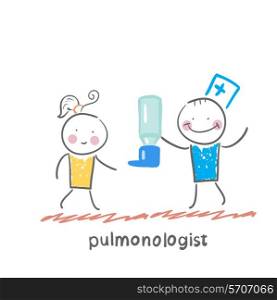 pulmonologist gives spray for asthma patients. Fun cartoon style illustration. The situation of life.