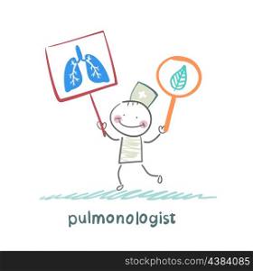 pulmonologist holding posters with the image of the lungs
