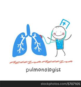 pulmonologist listens body lungs. Fun cartoon style illustration. The situation of life.